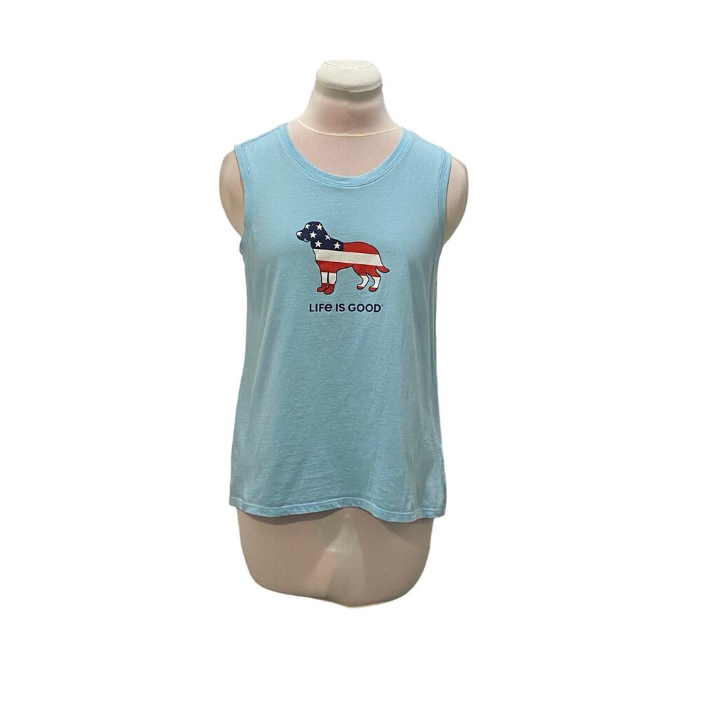 LIFE IS GOOD Light Blue Tank SMALL RWB American Flag Dog Shirt Soft 100% Cotton